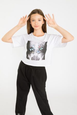 Balts T-krekls meitenēm ar rentgenogrāfiju apdruku