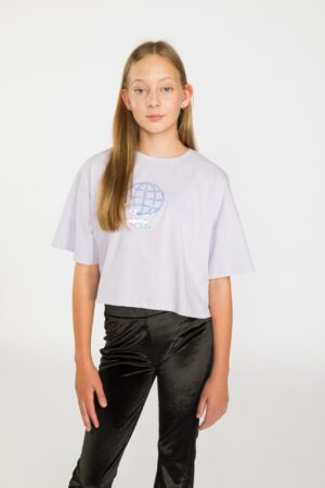 Lillā T-krekls ar hologrāfisku apdruku SAVE YOURSELF