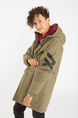 Pagarināma haki krāsas jaka ar parka kapuci